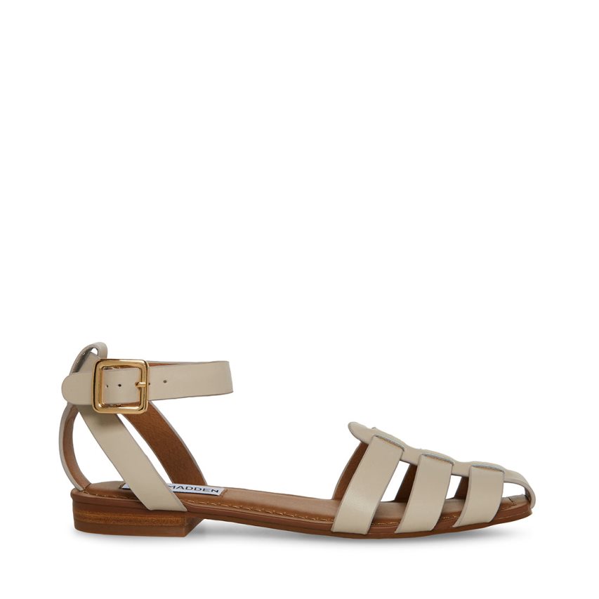 Beige Steve Madden Media Leather Women\'s Flat Sandals | PH 5796WSQ